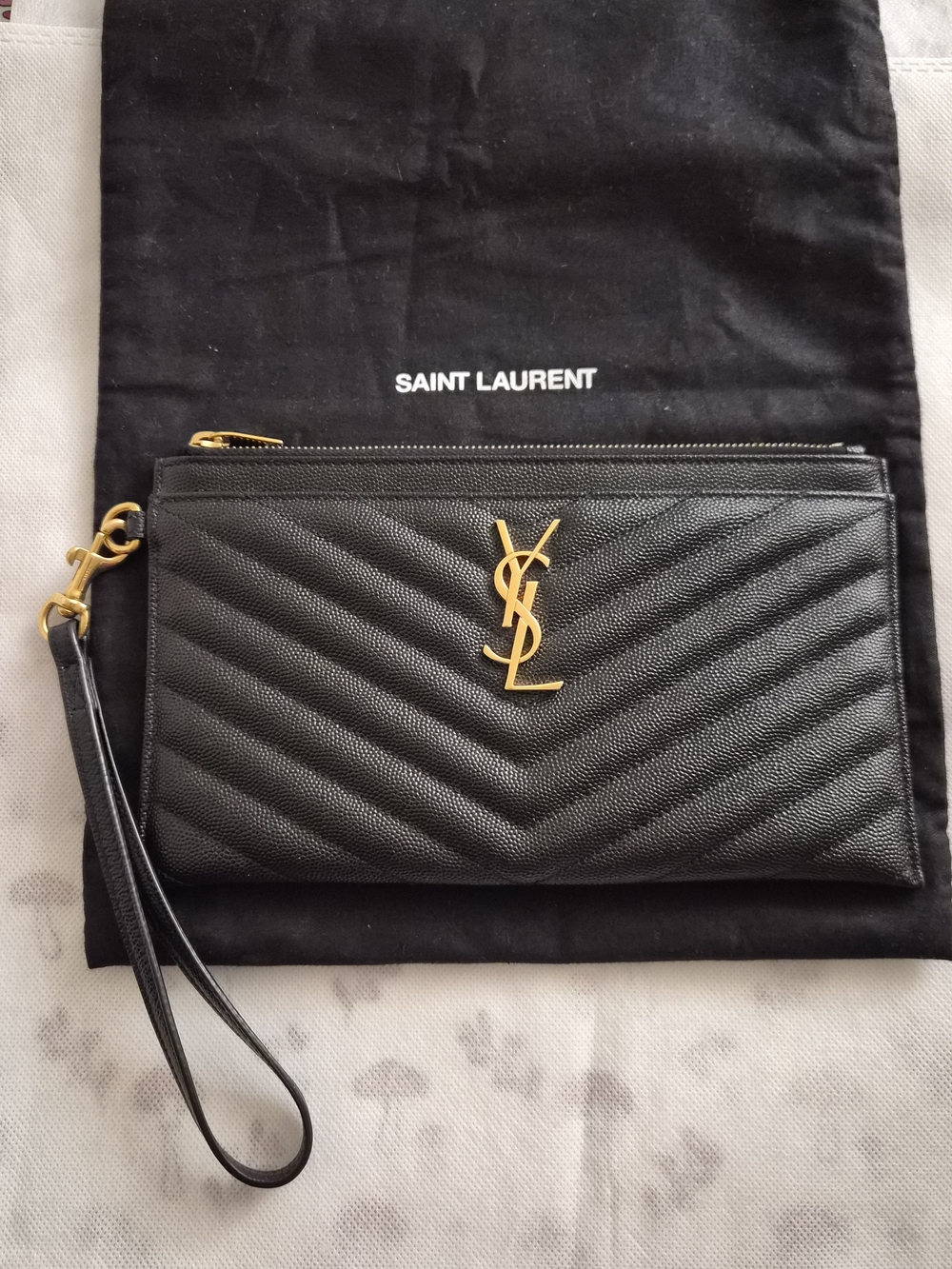 Saint Laurent Black Quilted Leather Wristlet with Gold YSL Emblem